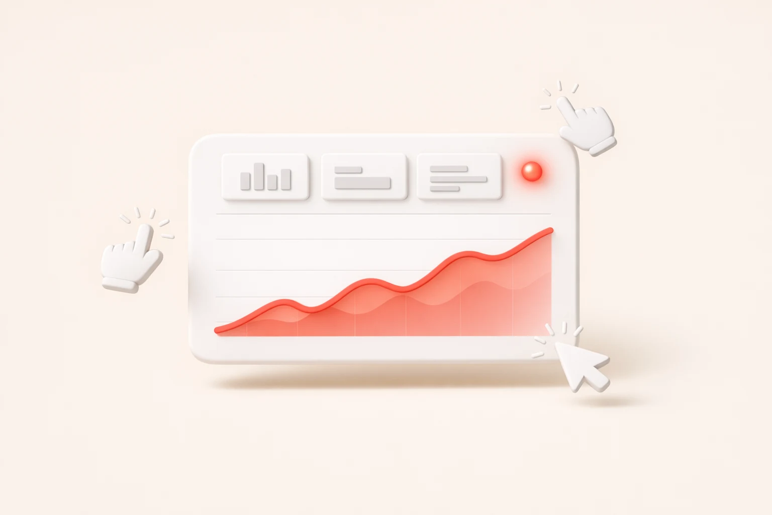 An analytics dashboard with a rising chart and click cursors